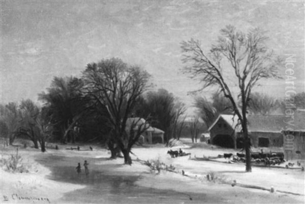 Skating On The Duck Pond, A Farm View Oil Painting by Benjamin Champney