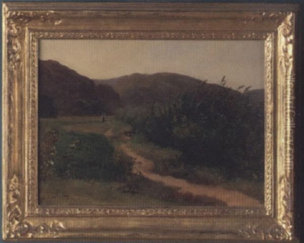 Landscape With A Woman Walking On A Path With Mountains In Background Oil Painting by Benjamin Champney