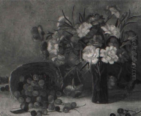 Basket Of Cherries With Vase Of Carnations Oil Painting by Benjamin Champney