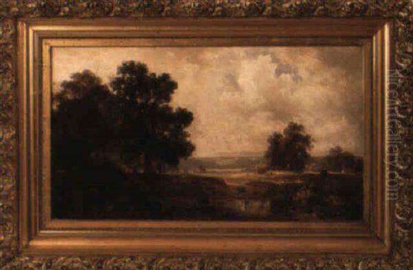 The Day's Labors/ A Panoramic Landscape With Figures, Cottages And Wagon Oil Painting by Benjamin Champney