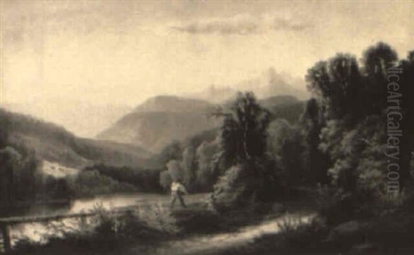 A Farmer At A Riverside With Mountains The Background (new Hampshire?) Oil Painting by Benjamin Champney