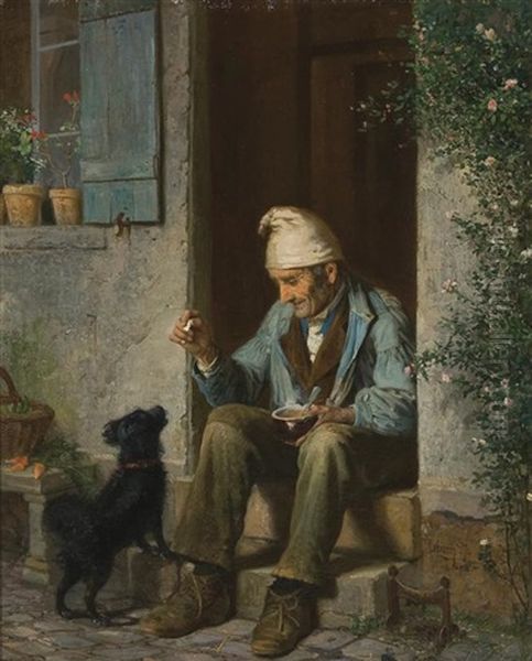 Old Man Feeding A Dog Oil Painting by James Wells Champney