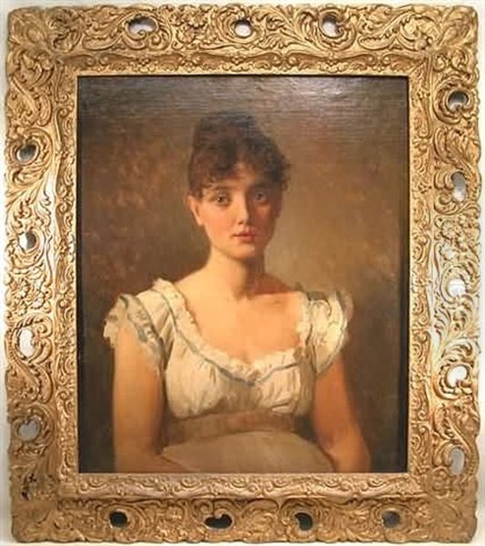 Portrait Of A Young Woman With Upswept Brown Hair And White Decollete With Blue Ribbon Trim Oil Painting by James Wells Champney