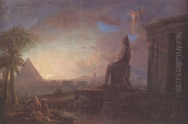 La Statue Colossale De Memmon, Fils De L'aurore, Qui Rendait Un Son Plaintif Au Moment Ou La Deesse Paraissait; Mais Alors Lucifer, Autre Fils De L'aurore, L'entraine Vers Un Autre Hemisphere Oil Painting by Louis (Rene L. Maurice) Chancourtois