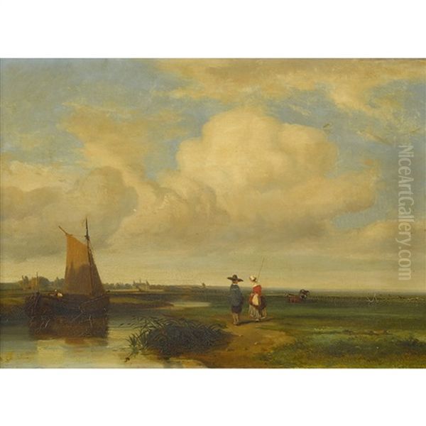 Weite Uferlandschaft Mit Boot Und Paar Oil Painting by Jules Michel Chandelier