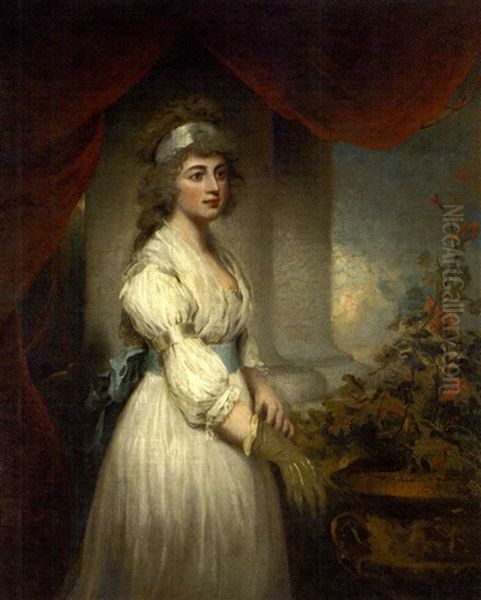 Portrait Of Lady Frances Herbert In A White Dress With Blue Sash, Tending A Geranium In An Urn, By A Column And A Red Curtain, With Sky Beyond Oil Painting by John Westbrooke Chandler