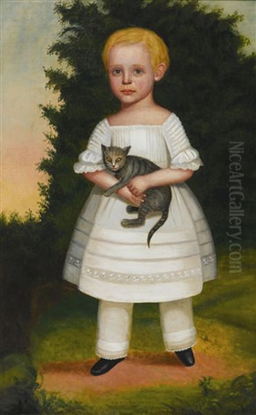 Full-length Portrait Of A Boy In A White Dress With Pantaloons, Holding A Gray Cat Oil Painting by Joseph Goodhue Chandler