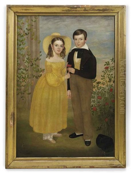 Double Portrait Of A Girl And Boy Standing In A Rose Garden Oil Painting by Joseph Goodhue Chandler