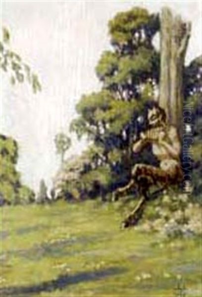 Pan Playing His Pipes In A Sylvan Glade Oil Painting by Elisabeth Chant