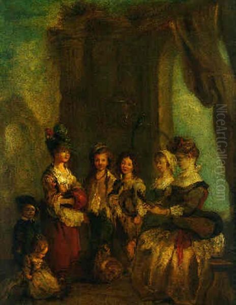 Two Elegant Ladies, One Playing A Guitar, With Their Children And Two Beggar Boys Oil Painting by Jerome-Francois Chantereau