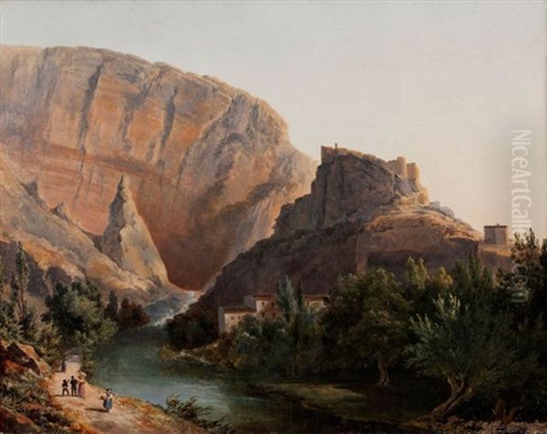 Fontaine-de-vaucluse Avec Le Chateau Dit De Petrarque Oil Painting by Antoine Chantron