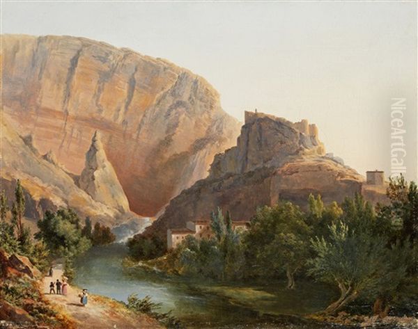 Fontaine-de-vaucluse Avec Le Chateau Dit De Petrarque Oil Painting by Antoine Chantron