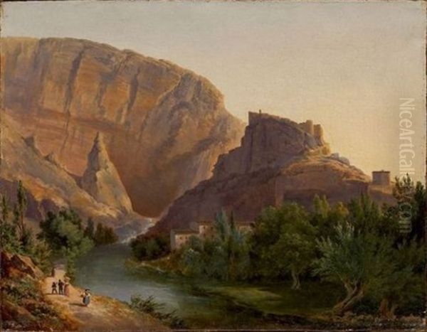 Fontaine-de-vaucluse Avec Le Chateau Dit De Petrarque Oil Painting by Antoine Chantron