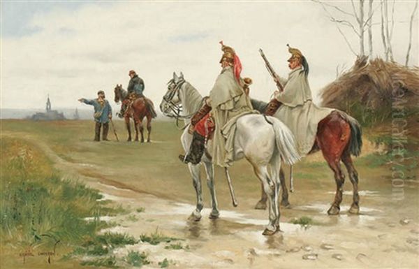 Mounted Soldiers Asking Directions Oil Painting by Eugene Chaperon