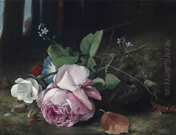 Roses, Forget-me-nots, And Convolvulus In A Forest Clearing Oil Painting by Arthur Chaplin