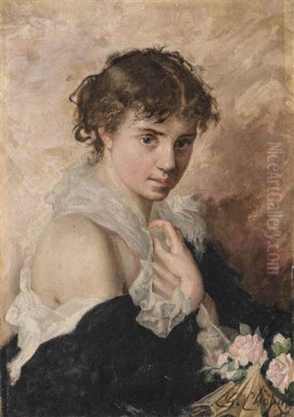 A Girl With Roses Oil Painting by Charles H. A. Chaplin