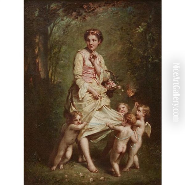 Maiden With Cherubs Oil Painting by Charles Joshua Chaplin