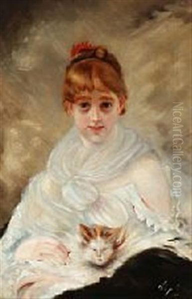 Portrait Of A Lady With A Cat Oil Painting by Charles Joshua Chaplin