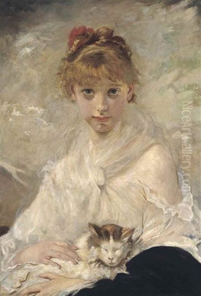 Young Lady With A Cat Oil Painting by Charles Joshua Chaplin