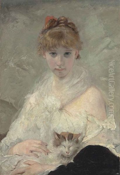 Young Lady With A Cat Oil Painting by Charles Joshua Chaplin