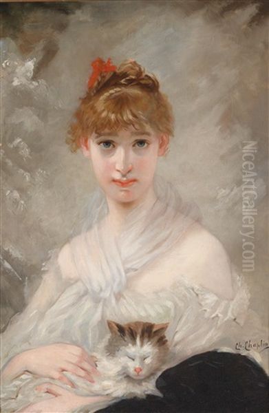 Madchen Mit Weisem Tuch Und Katze Im Arm Oil Painting by Charles Joshua Chaplin