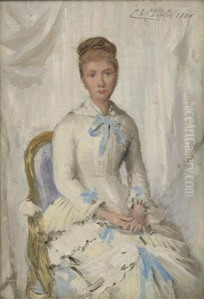 Portrait Of A Woman In White With Blue Trim Oil Painting by Charles Joshua Chaplin