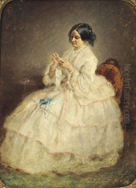 A Seamstress At Work Oil Painting by Charles Joshua Chaplin