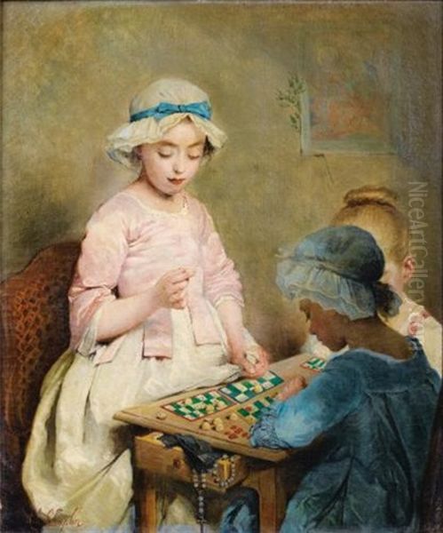 Fillettes Jouant Au Loto Oil Painting by Charles Joshua Chaplin