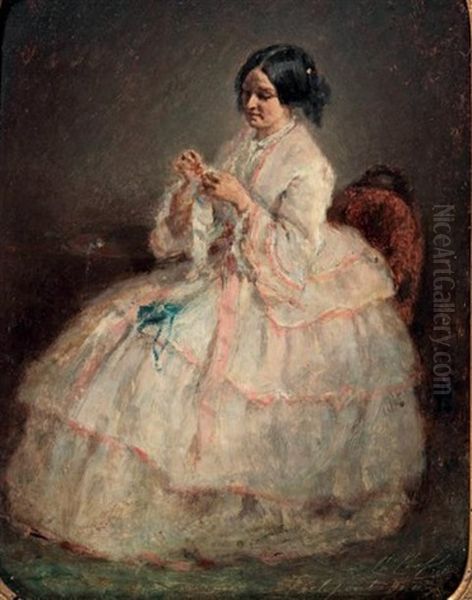 Jeune Femme Cousant Oil Painting by Charles Joshua Chaplin