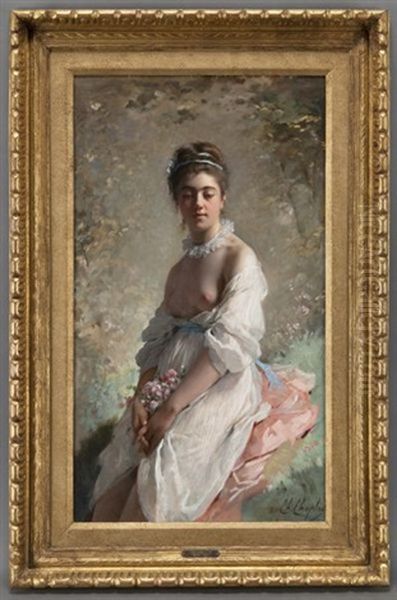 Portrait Of A Lady With Bouquet Oil Painting by Charles Joshua Chaplin