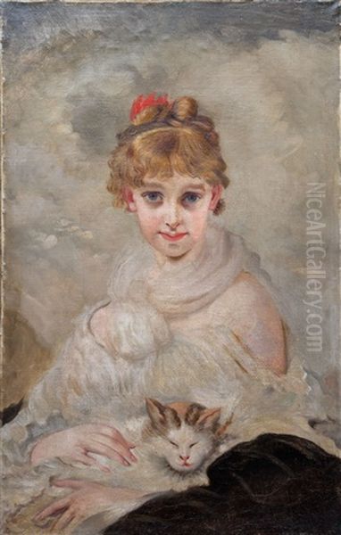 Madchenportrait Mit Katze Oil Painting by Charles Joshua Chaplin