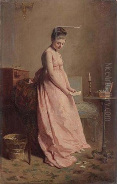 Elegante A La Robe Rose Tenant Une Lettre Oil Painting by Charles Joshua Chaplin