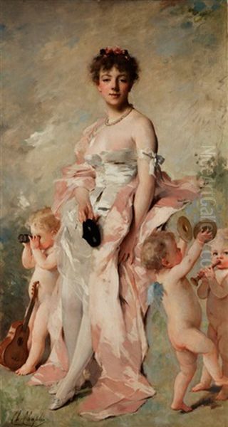 Junge Frau Im Ballkleid Mit Putten Oil Painting by Charles Joshua Chaplin