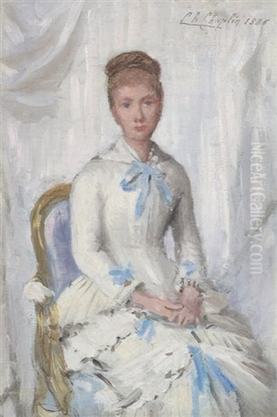 Portrait Of A Woman In White With Blue Trim Oil Painting by Charles Joshua Chaplin