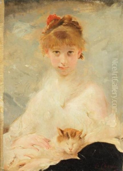 Jeune Femme Au Chat Oil Painting by Charles Joshua Chaplin