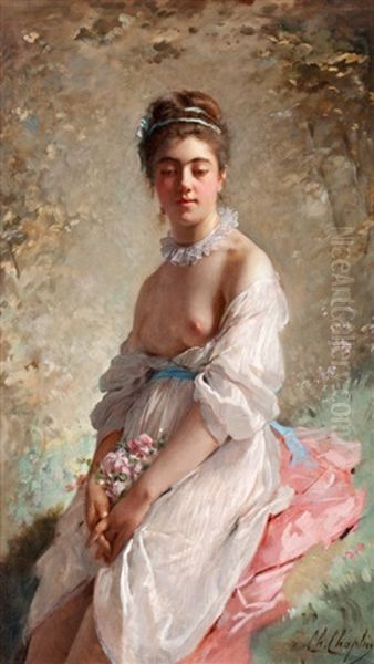 A Beauty With A Bouquet Oil Painting by Charles Joshua Chaplin