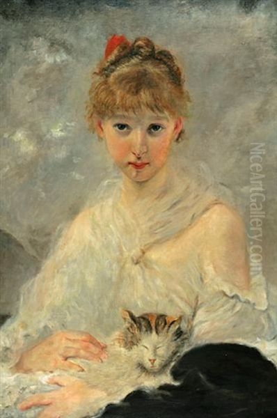 A Portrait Of A Young Woman Holding A Cat Oil Painting by Charles Joshua Chaplin