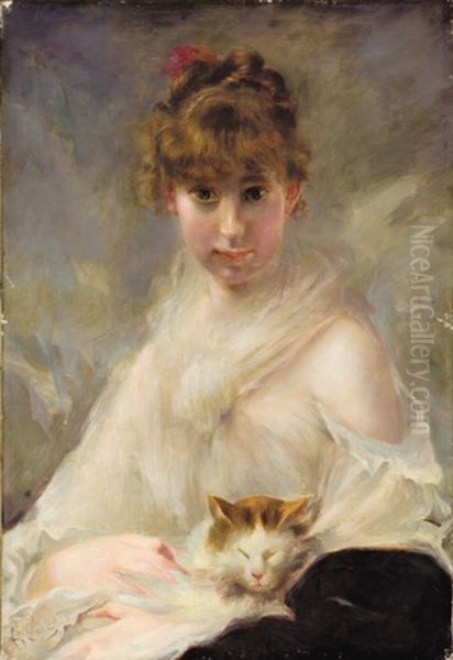 Portrait Of Young Woman With Kitten Oil Painting by Charles Joshua Chaplin