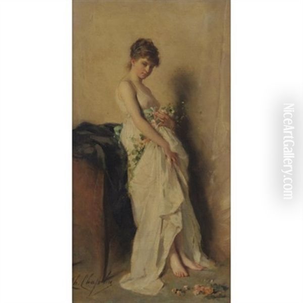 Girl With Garland Of Flowers Oil Painting by Charles Joshua Chaplin