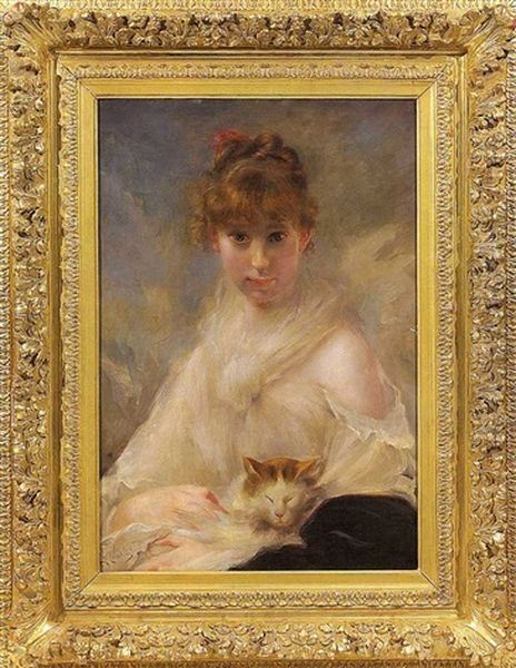 Young Girl With Cat Oil Painting by Charles Joshua Chaplin