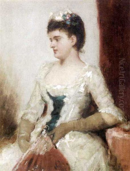 Portrait De Femme Au Eventail Rouge Oil Painting by Charles Joshua Chaplin