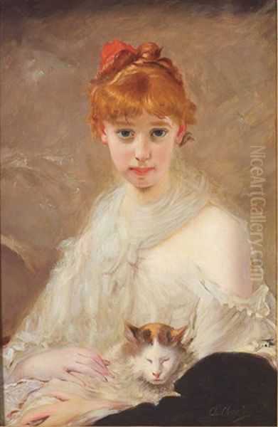 Portrait De Jeune Fille Au Chat Oil Painting by Charles Joshua Chaplin