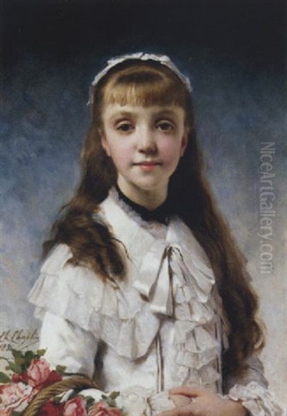 Head Of A Young Beauty With A Basket Of Flowers Oil Painting by Charles Joshua Chaplin