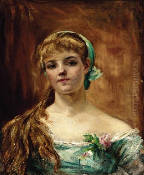 A Portrait Of A Young Girl Wearing A Blue Dress With A Pink Rose Oil Painting by Charles Joshua Chaplin