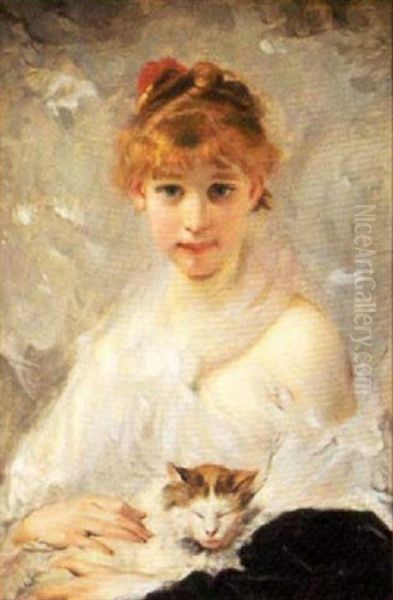 A Young Lady And Sleeping Cat Oil Painting by Charles Joshua Chaplin