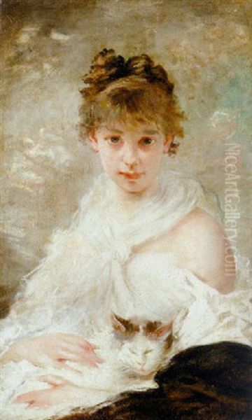 A Young Lady With Her Cat Oil Painting by Charles Joshua Chaplin