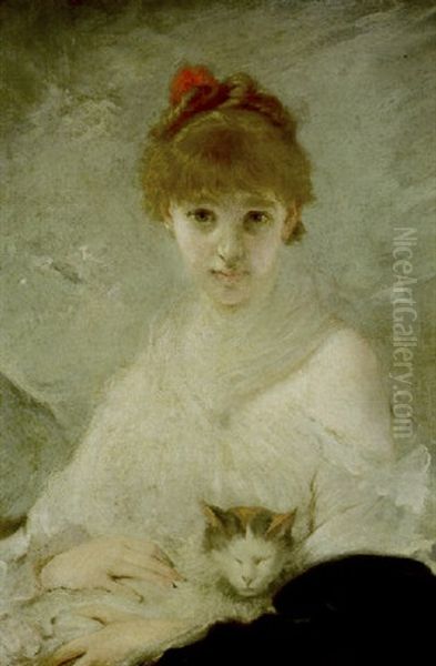 Lady With A Cat Oil Painting by Charles Joshua Chaplin