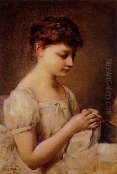 Portrait Of A Young Woman Mending Oil Painting by Charles Joshua Chaplin