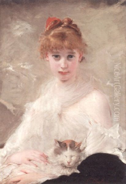 La Jeune Fille Au Chat Oil Painting by Charles Joshua Chaplin