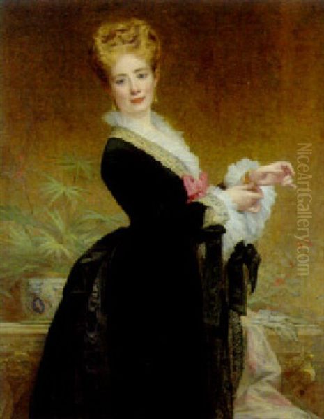 Portrait Of An Elegant Lady, Wearing A Black Dress Trimmed With Lace Oil Painting by Charles Joshua Chaplin